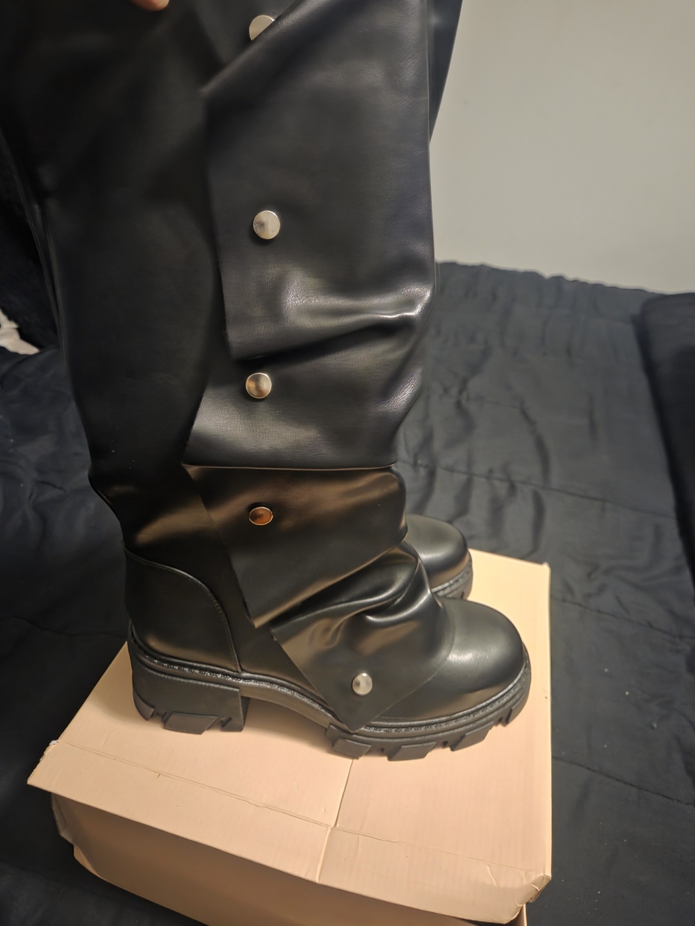 Women's Black Tall Button-Accent Leather Boots